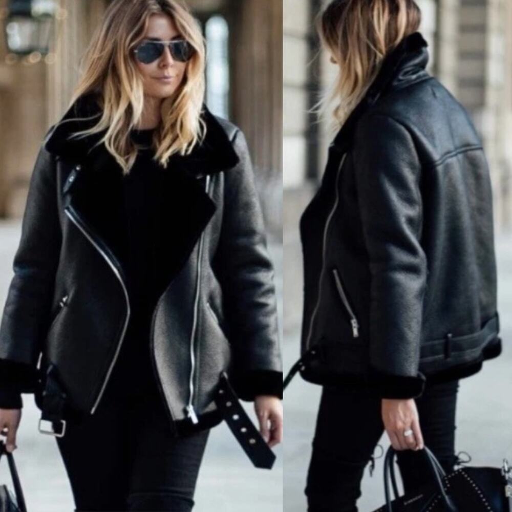 Zara Black Faux Shearling Moto Jacket Belted Fur Collar M